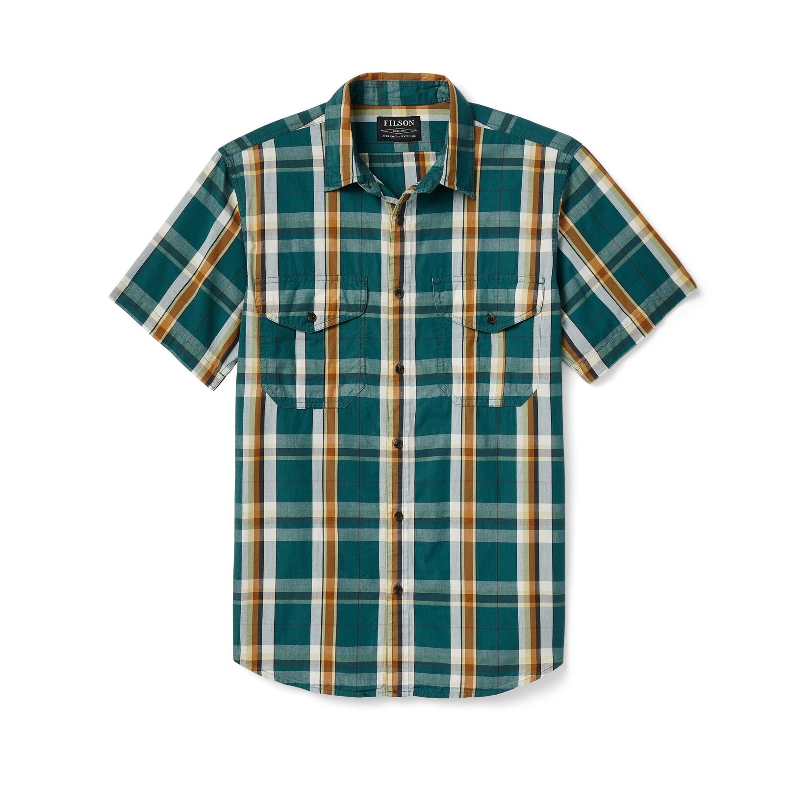 Filson Filson's Washed Short Sleeve Feather Cloth Shirt: GrnGldWht
