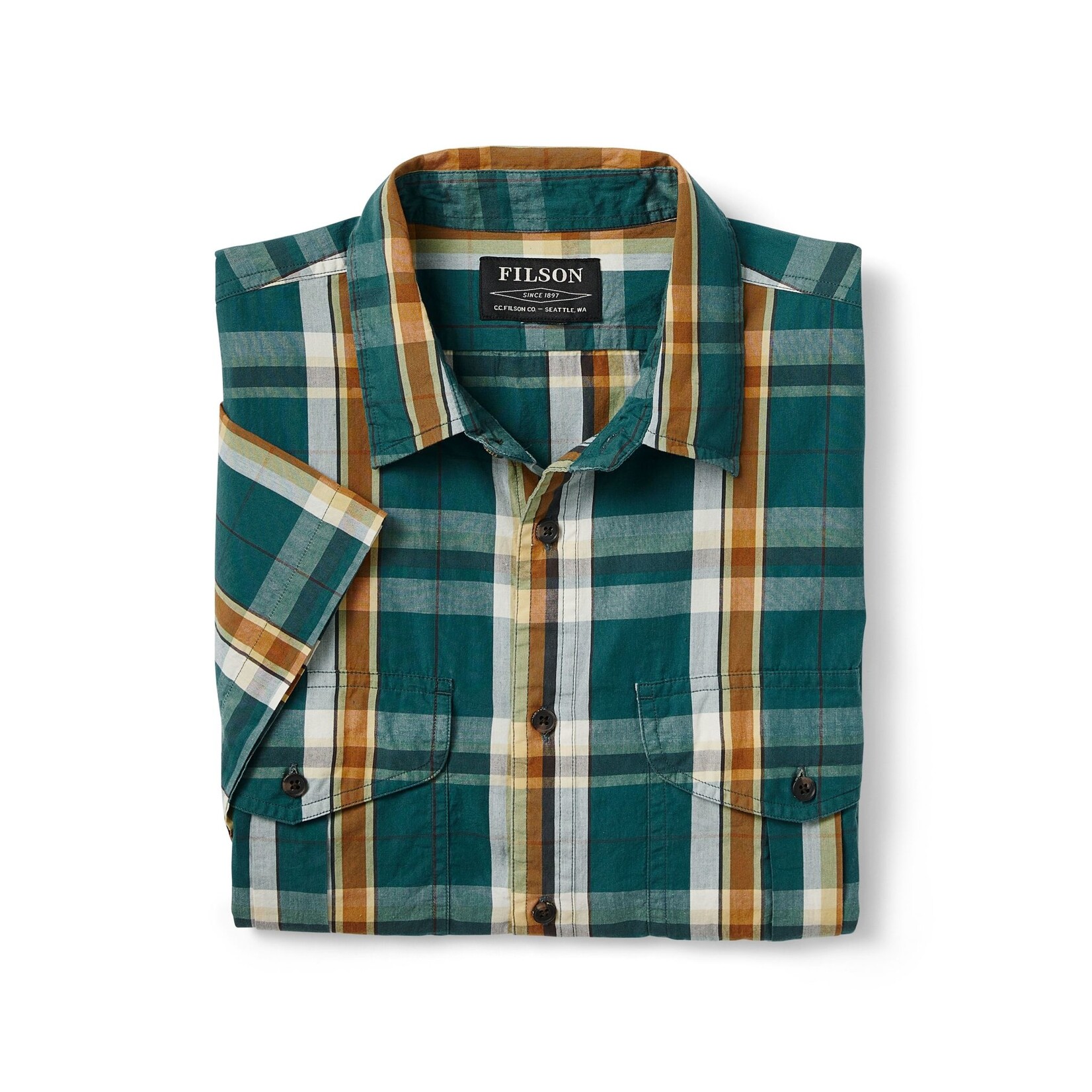 Filson Filson's Washed Short Sleeve Feather Cloth Shirt: GrnGldWht