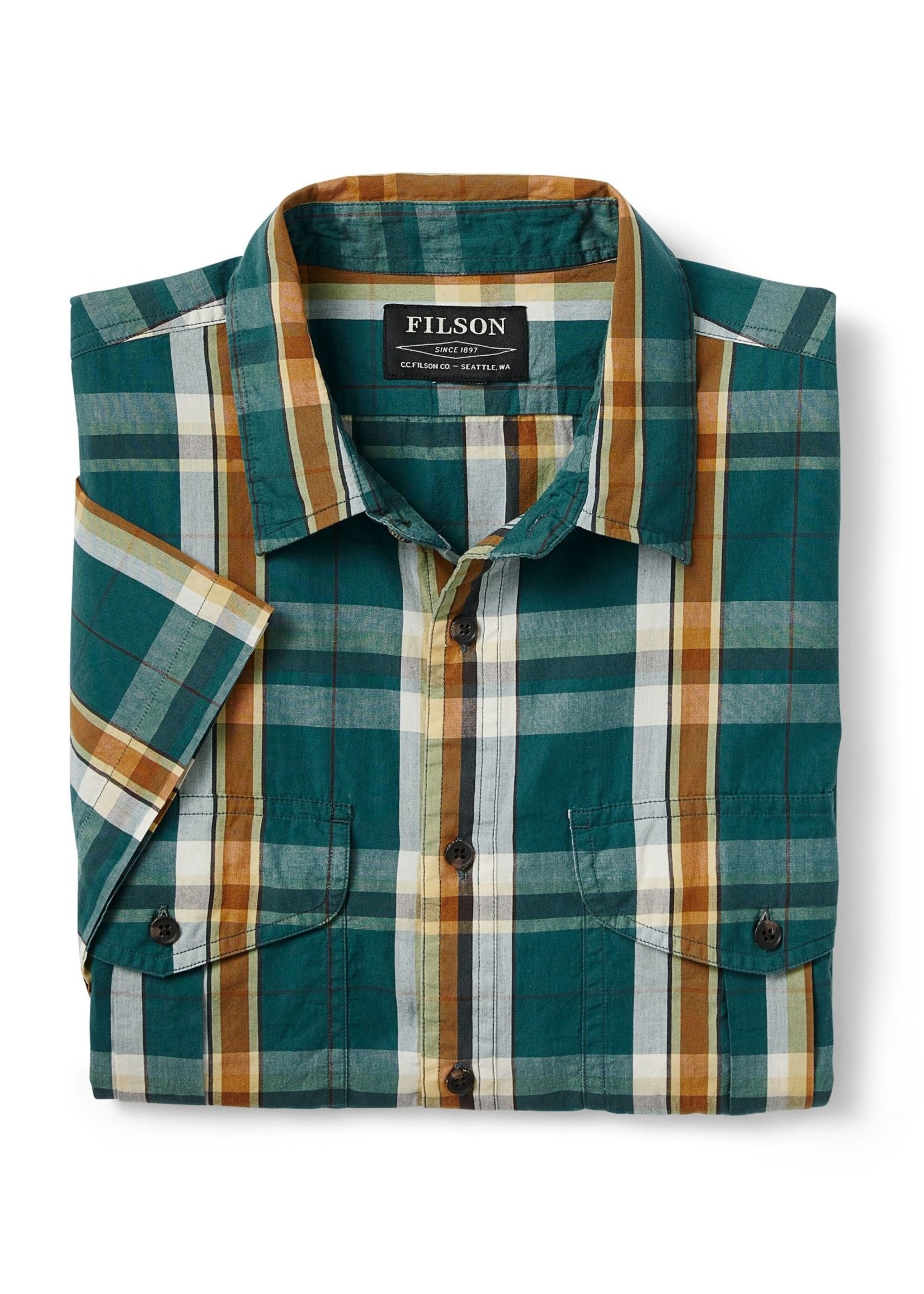 Filson Filson's Washed Short Sleeve Feather Cloth Shirt: GrnGldWht
