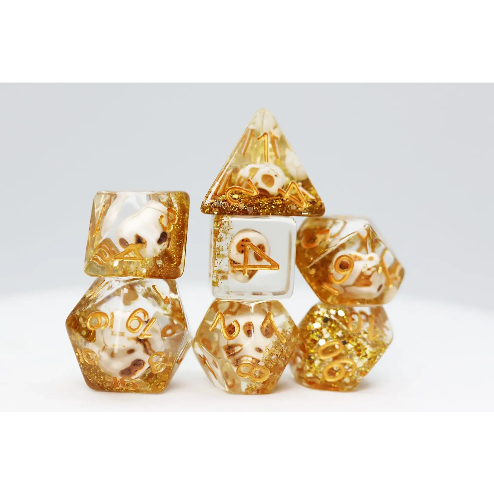 Foam Brain Skull and Gold Glitter RPG Dice Set