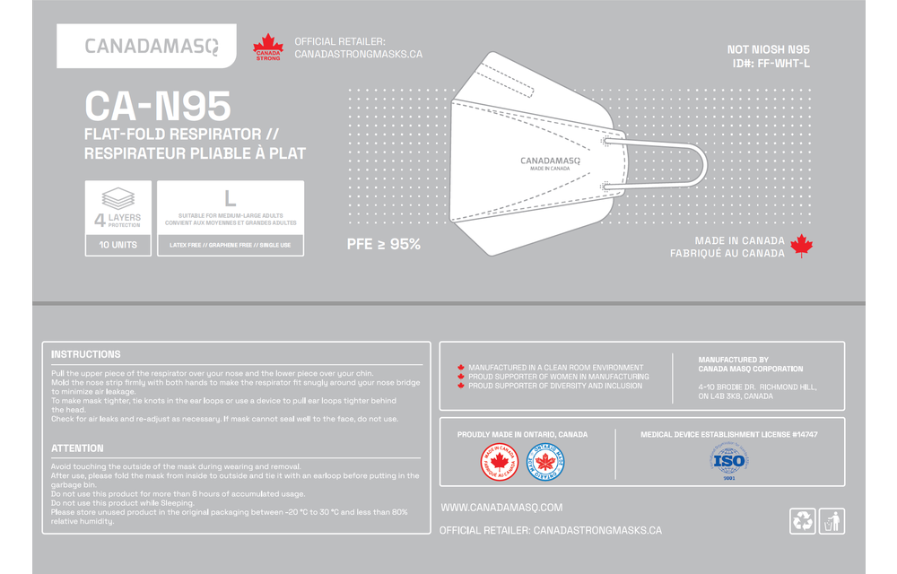 CA-N95 Kids White Disposable Respirator Mask Made in Canada 10/bg