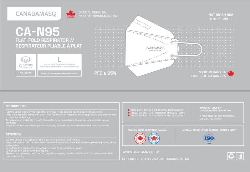 CA-CANADAMASQ CA-N95 Kids White Disposable Respirator Mask Made in Canada 10/bg