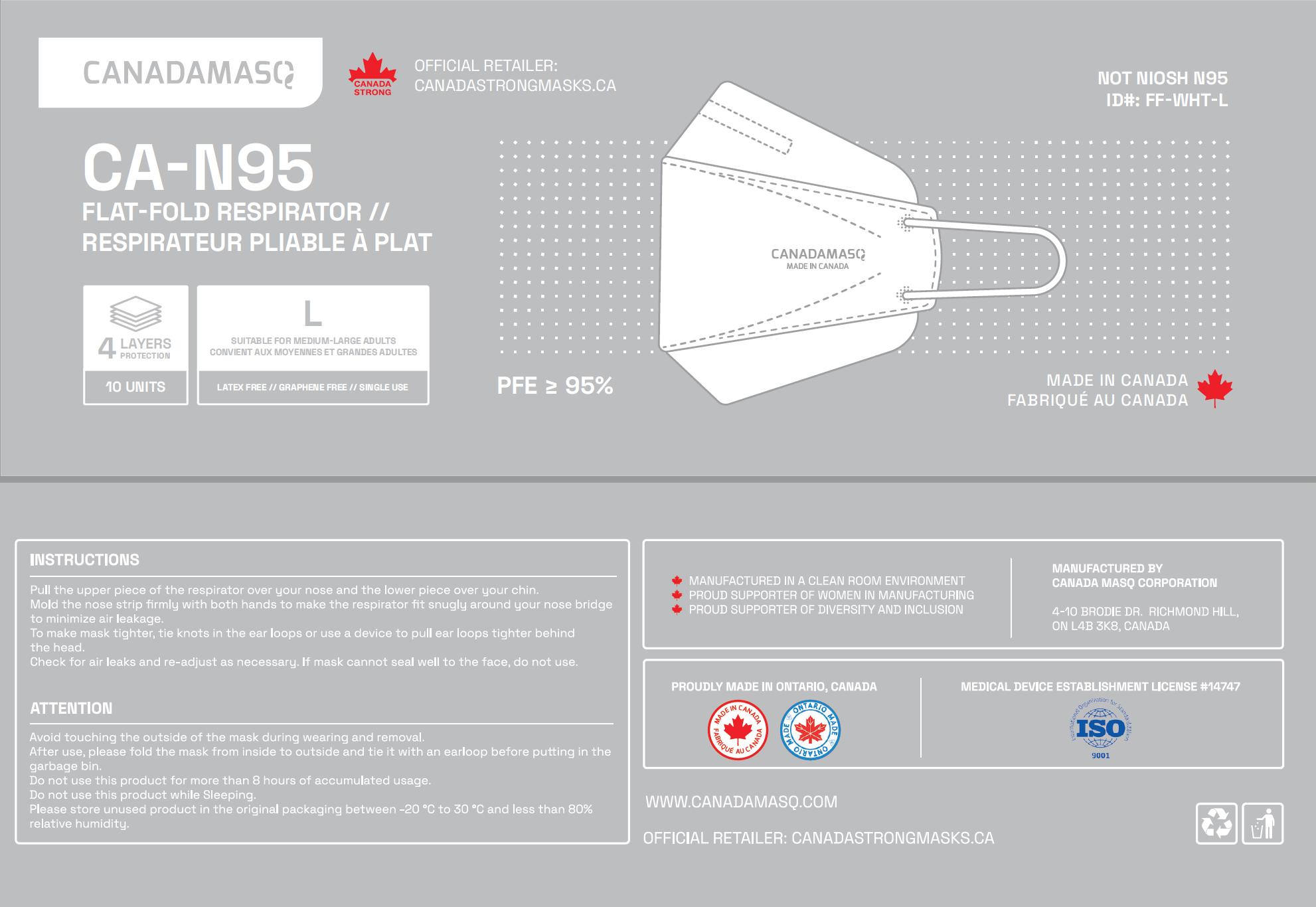 CA-N95 Kids White Disposable Respirator Mask Made in Canada 10/bg