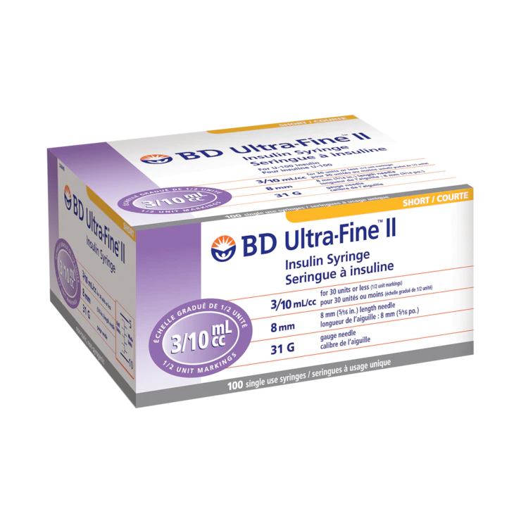 BD-BD Medical BD Insulin Syringe with Ultra-Fine II Needle 31G x 5/16" (8mm) 0.3ml Short Self-Contained for U-100 Insulin Sterile Latex-Free