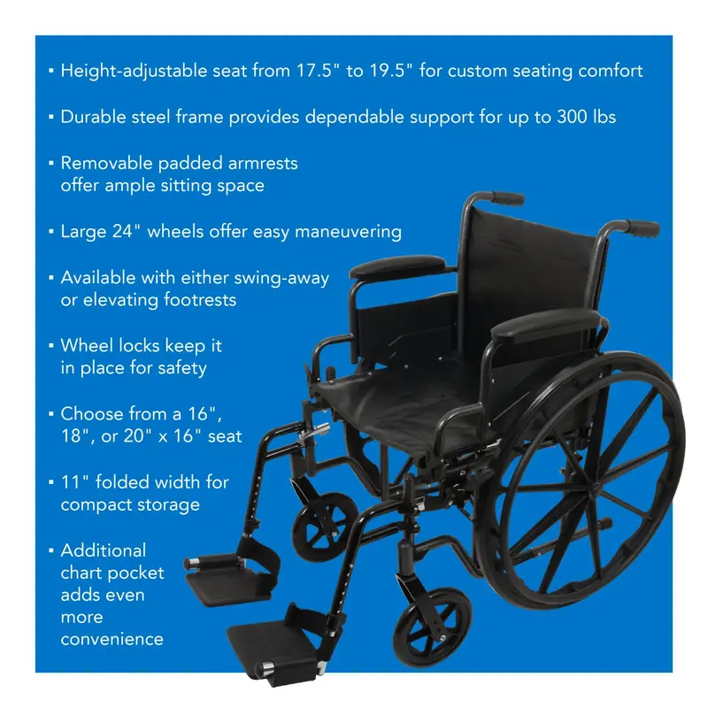 PRB - Probasics ProBasics K2 Wheelchair w/ Flip Back Arms 16" Depth