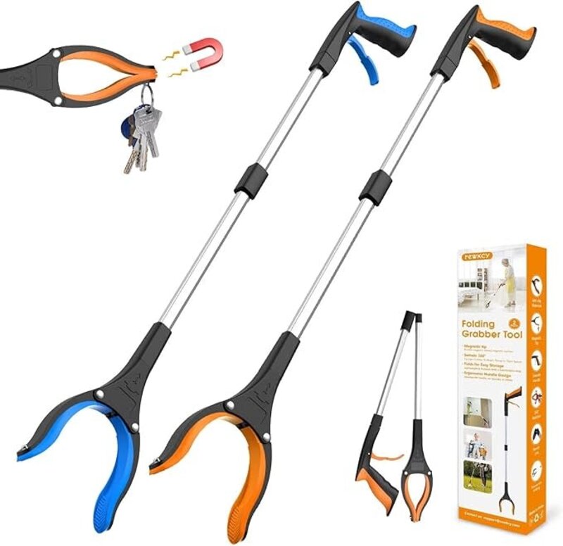 REWKCY Grabber Foldable Reacher with 360° Rotating Jaw & Magnet HD Pick Up Stick 2-Pack