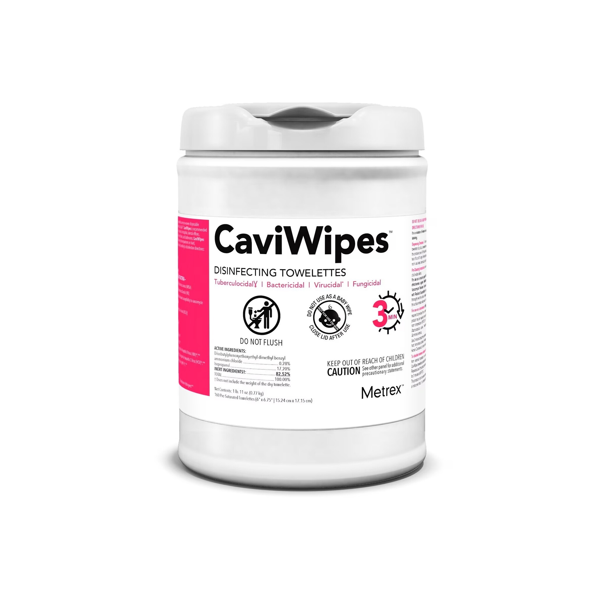 MET-METREX Caviwipes Disinfecting Towelette, Regular 6in X 6.75in 3 Minute Action 160/Tub