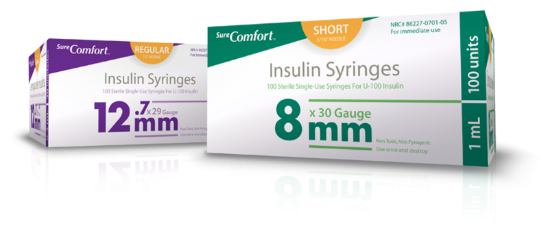 Sure Comfort insulin syringe boxes in regular and short needle options