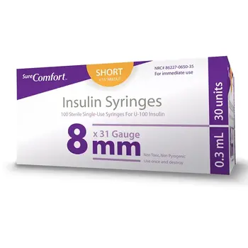 Sure Comfort Sure Comfort Insulin Syringes 31G 5/16" (8mm) 3/10cc 1/2 Unit 10/Bg