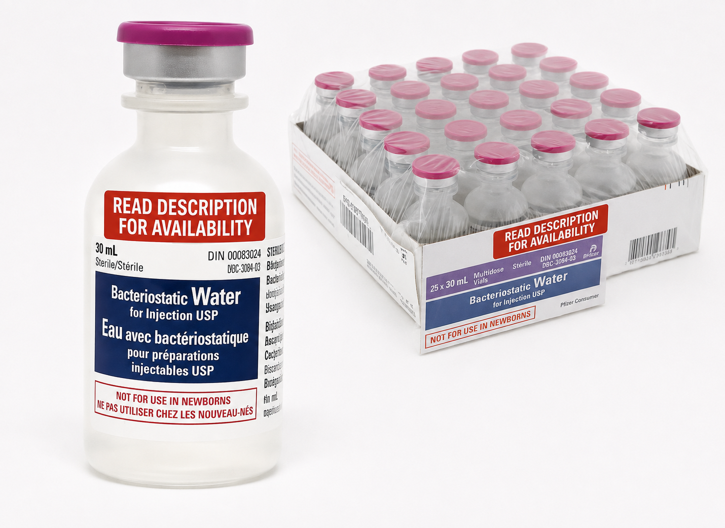 Canadian Pharmaceutical Pfizer Bacteriostatic Sterile Water for Injection USP 30 ml 25/Box