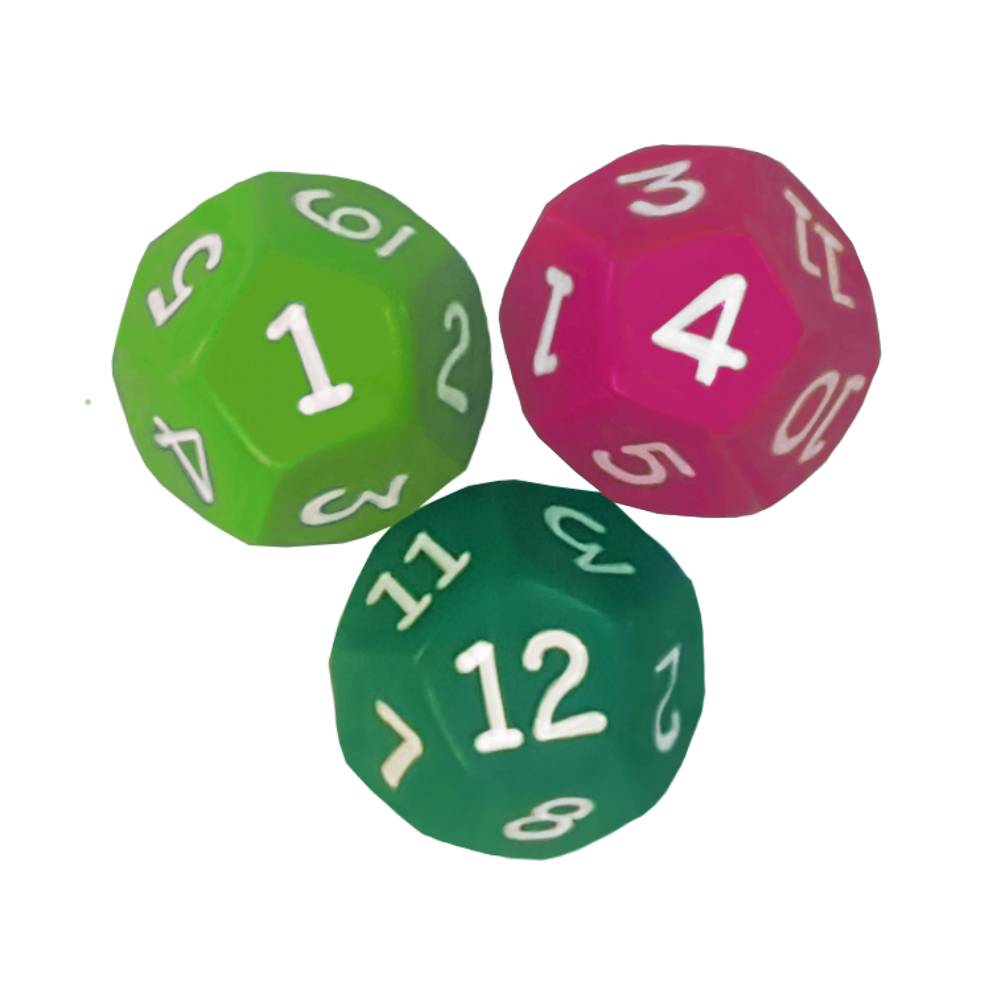 12 sided dice( pink, lime green, dark green)