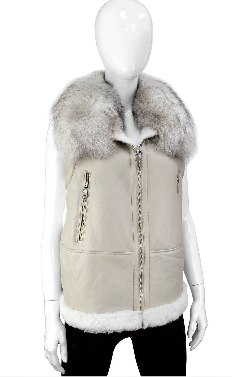 Gray Shearling Jacket with Fox Collar