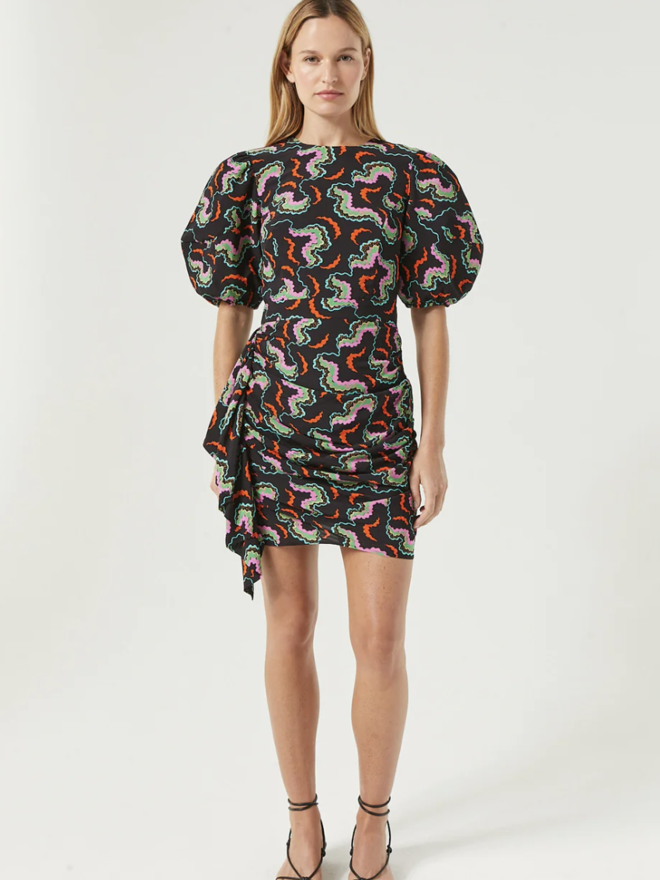 silk printed sheath dress with layered button down