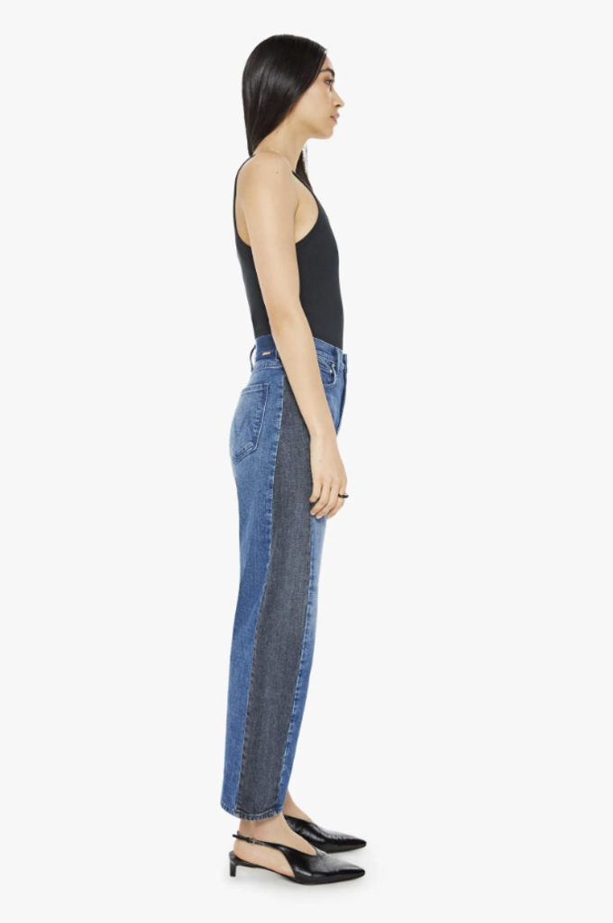 Half black half blue jeans hot sale