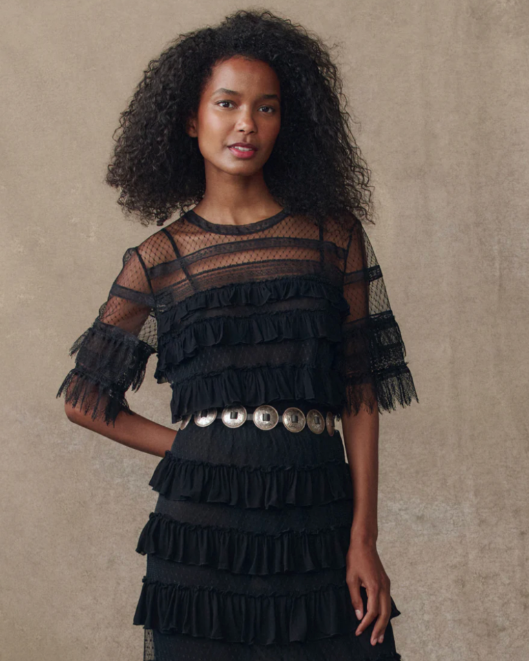 The Great The Winter Mesh Flounce Top