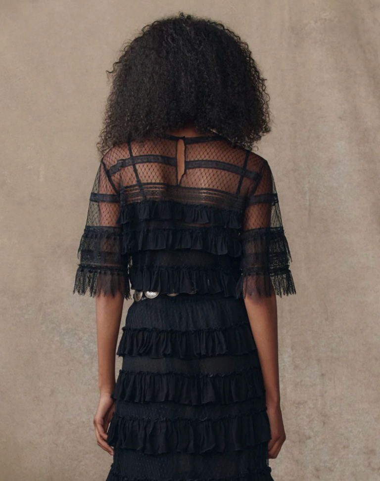 The Great The Winter Mesh Flounce Top