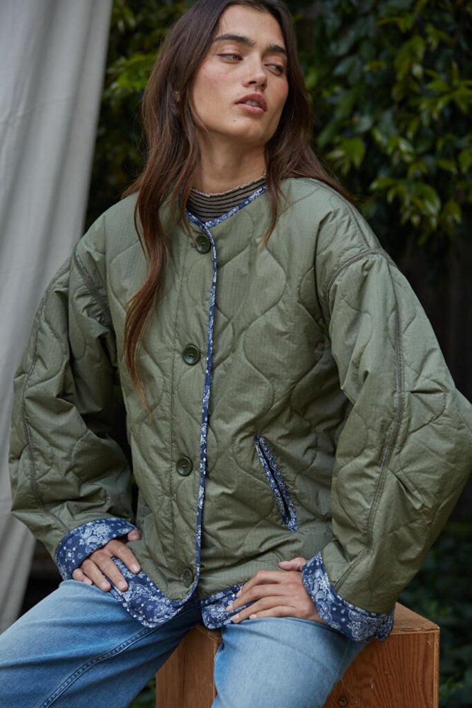 By Together Paisley Trim Quilted Bomber Jacket