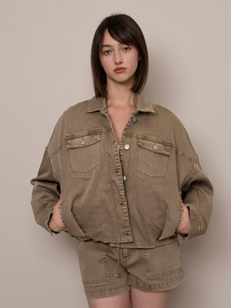 RD STYLE | HEDGE RUMI STRETCH TWILL LS BUTTON UP BUBBLE JACKET-SAND