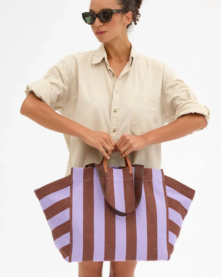 Clare V. La Cote Tote - Canvas Stripe -Jacaranda/Hazelnut