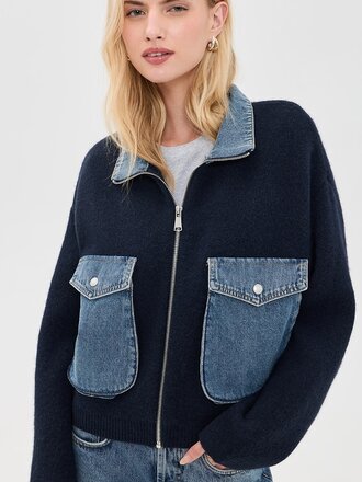 BlankNYC Sweater Bomber Jacket - Navy/Denim