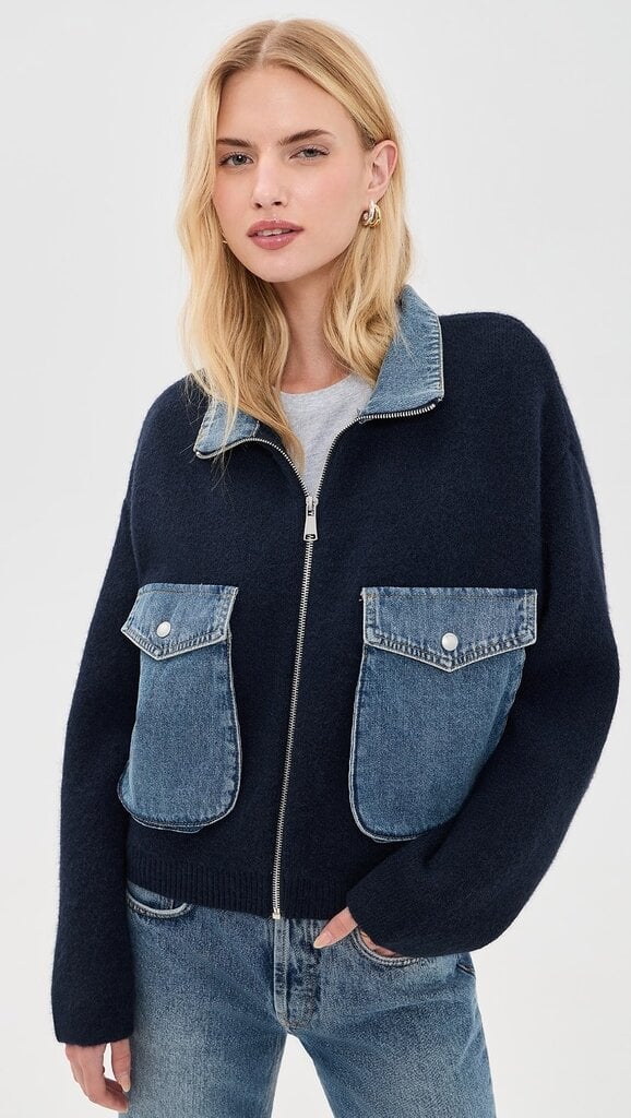 BlankNYC Sweater Bomber Jacket - Navy/Denim