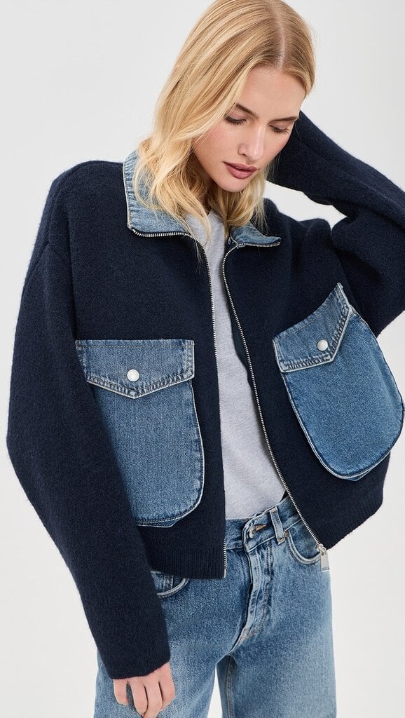 BlankNYC Sweater Bomber Jacket - Navy/Denim