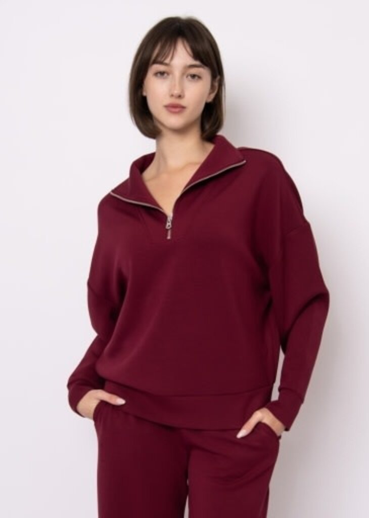 RD Style SEANNI SOFT KNIT LS HALF ZIP PULLOVER-OXBLOOD