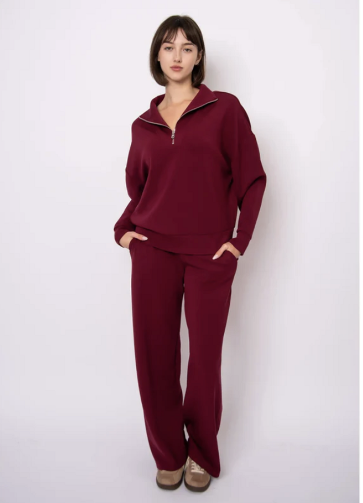 RD STYLE | HEDGE PRIDA SOFT KNIT DRAWSTRING PULL ON STRAIGHT LEG PANTS-OXBLOOD