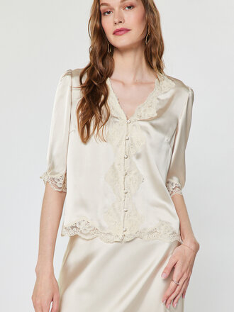 Current Air Lace Satin Button-Up Blouse