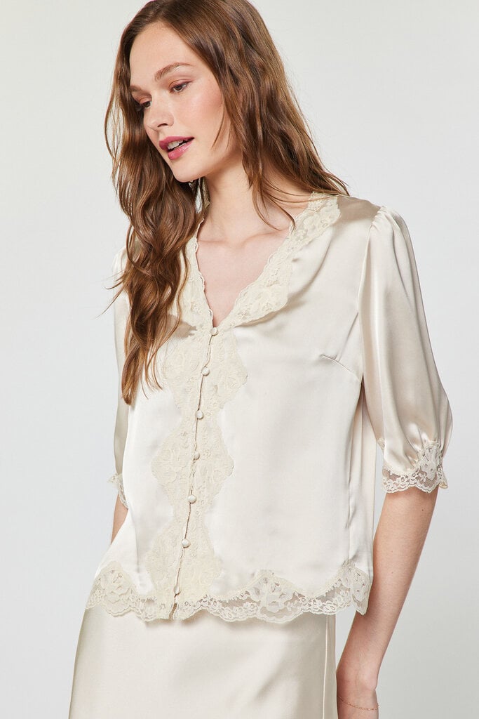 Current Air Lace Satin Button-Up Blouse