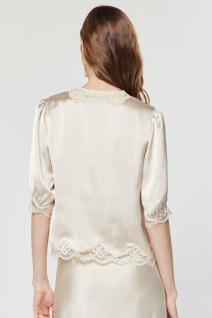 Current Air Lace Satin Button-Up Blouse