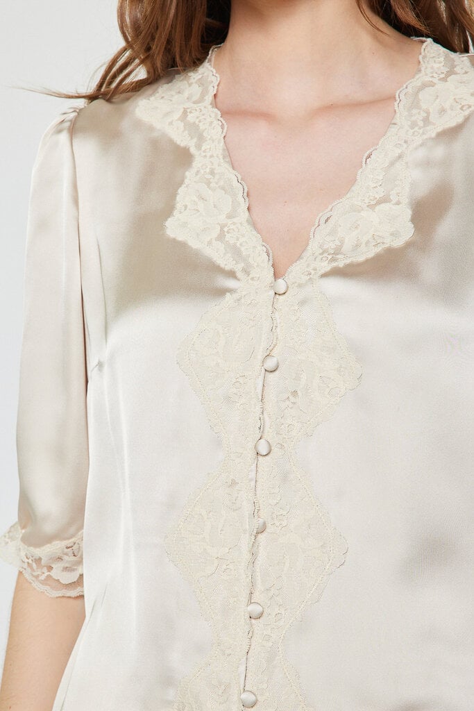 Current Air Lace Satin Button-Up Blouse