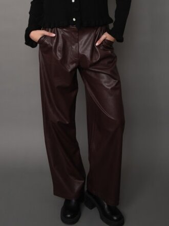 RD STYLE | HEDGE PHILONA STRETCH FAUX LEATHER PLEATED WIDE LEG PANT-BRUNETTE