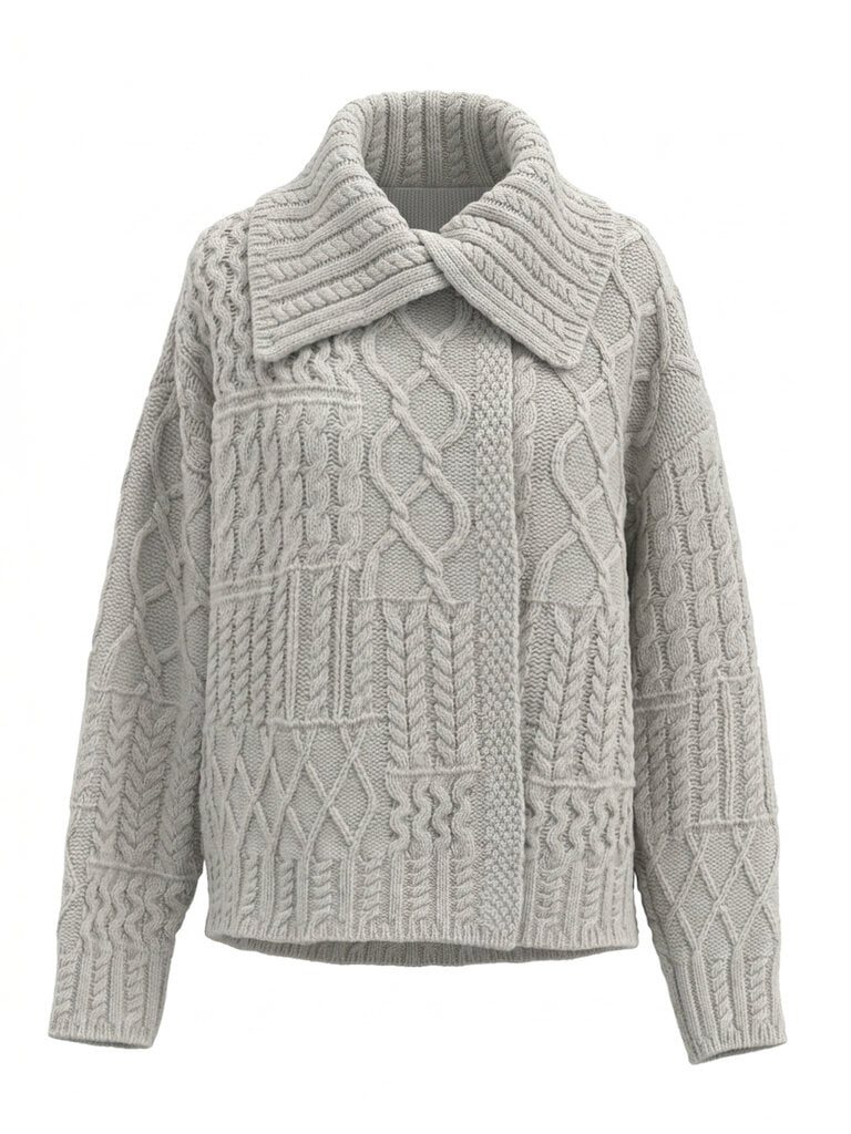 Current Air Cable Knit T-Neck One Snap Cardigan