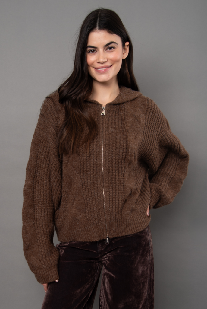 RD Style Galla Hooded Zip Front Cable Sweater