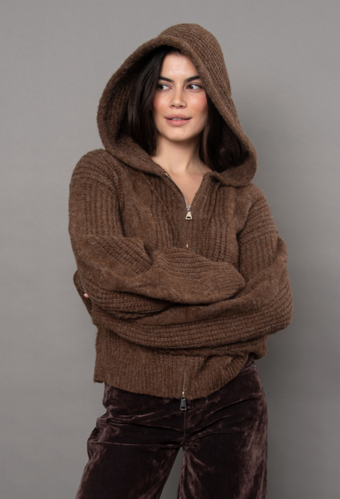RD Style Galla Hooded Zip Front Cable Sweater