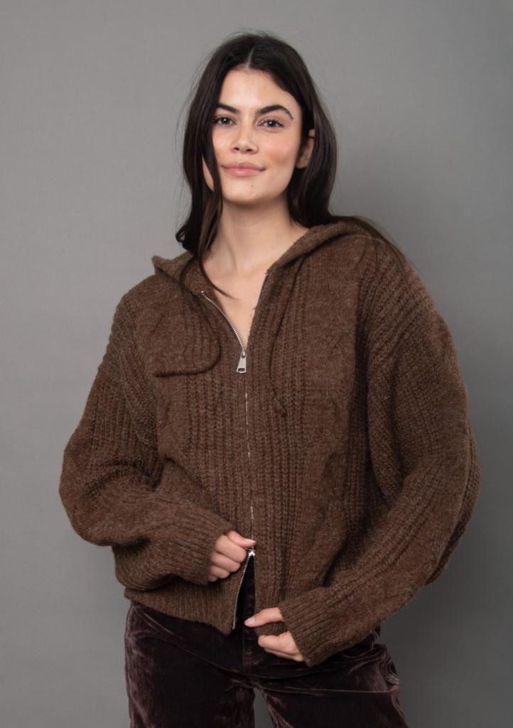 RD Style Galla Hooded Zip Front Cable Sweater