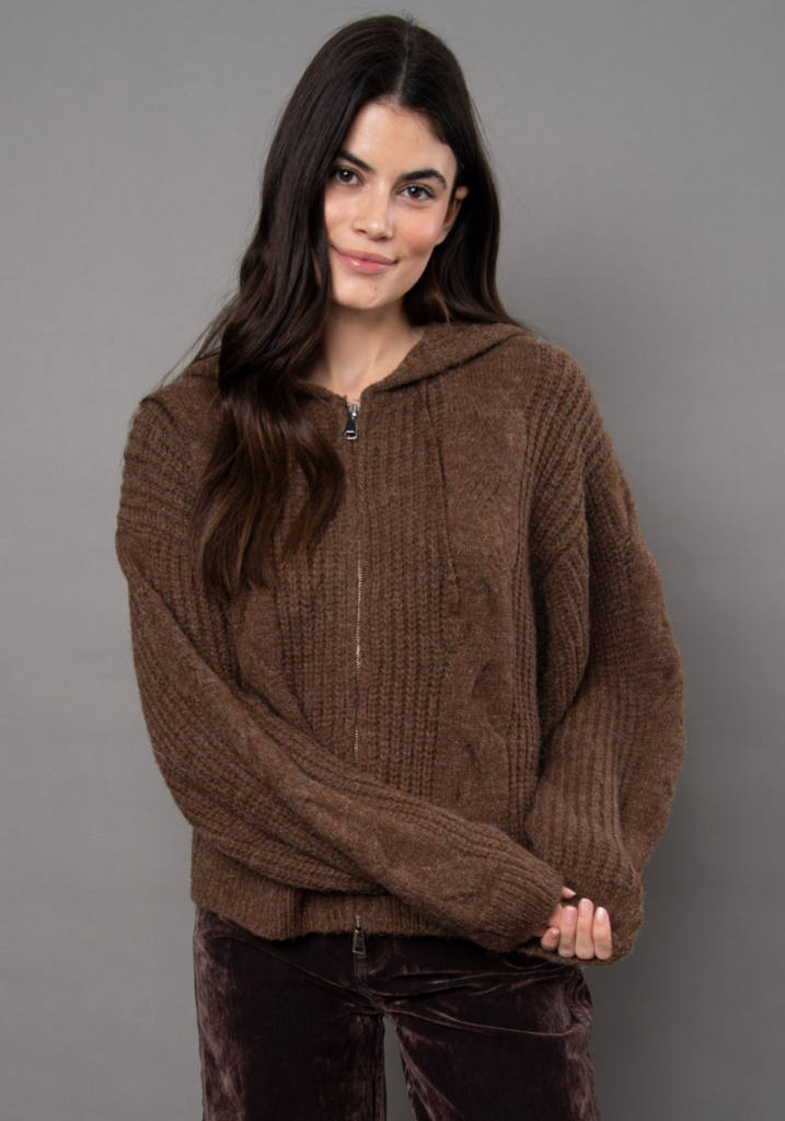 RD Style Galla Hooded Zip Front Cable Sweater