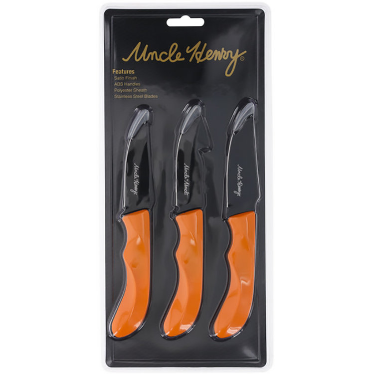 OLD TIMER UNCLE HENRY ORANGE HANDLED 3-PIECE KNIFE SET, 7.25" CLIP POINT