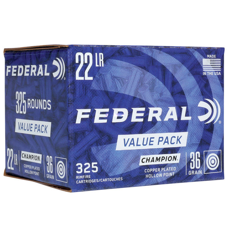 FEDERAL FEDERAL 725 CHAMPION RIMFIRE RIFLE AMMO 22 LR, COPPER PLATED HP, 36 GR, 1260 FPS, 325 RND BOX