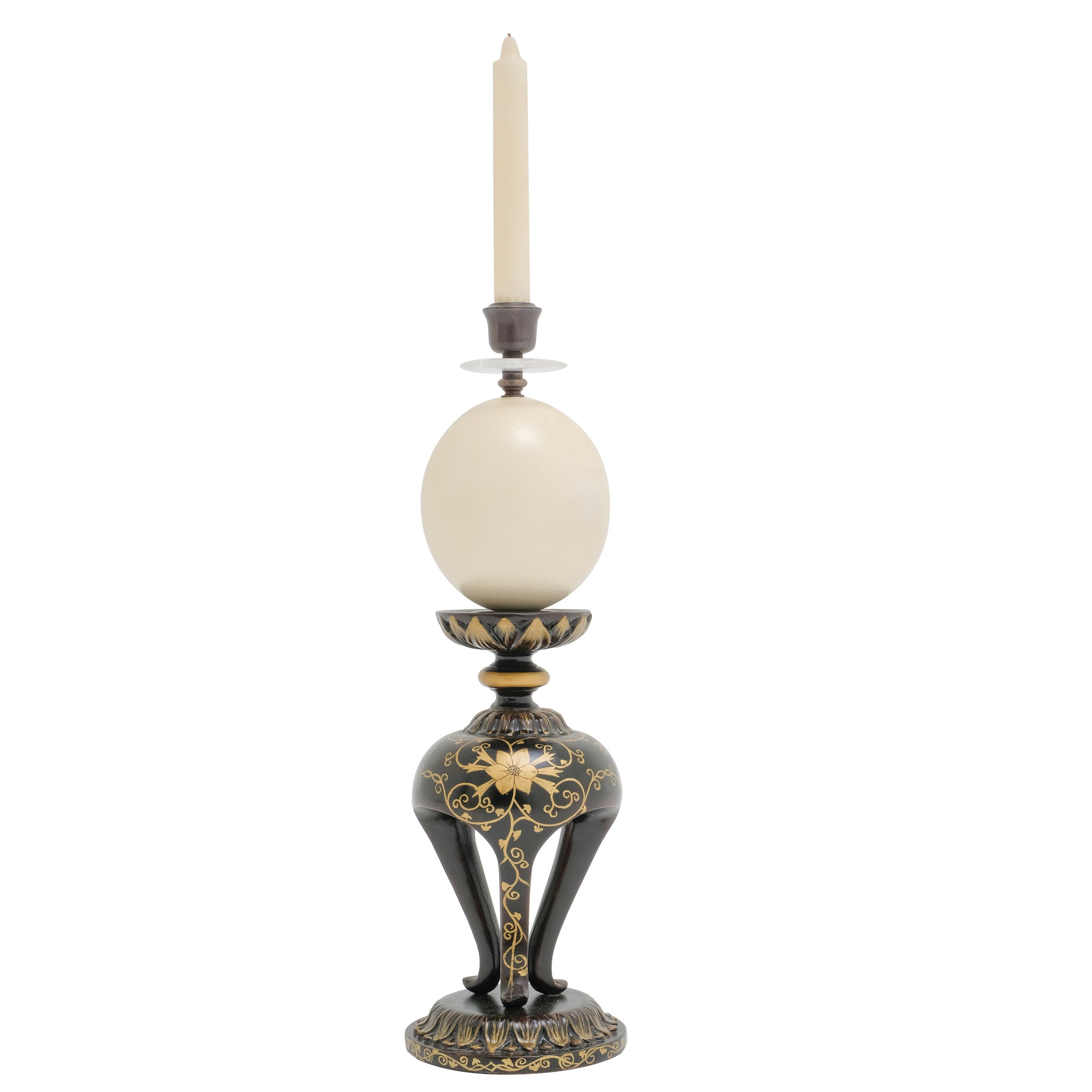 Aged Black Lacquer Shikki Candlestick,Hand Painted Gold Accents