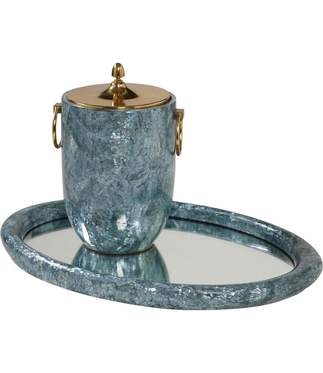 Cayen Collection Ice Bucket  Blue Hammer Shell + Mirrored Tray - Set