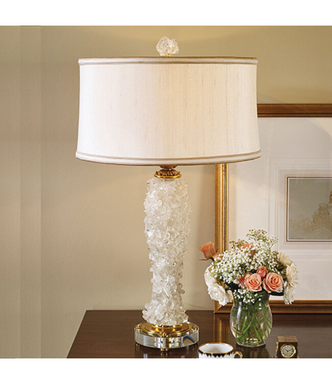 Cayen Collection Rock Crystal Inlaid Table Lamp, Amber Finished Brass Accents, Silk Shade