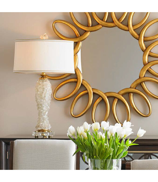 Cayen Collection Rock Crystal Inlaid Table Lamp, Amber Finished Brass Accents, Silk Shade