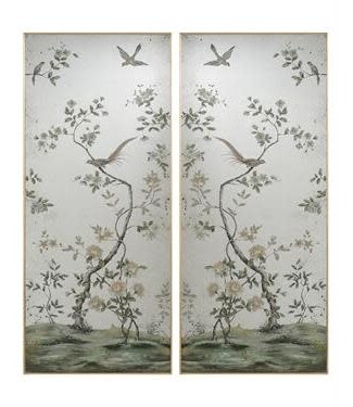 Cayen Collection DAMAGE Eglomise Birds on Branch Roku Mirror Panels - Set of Two