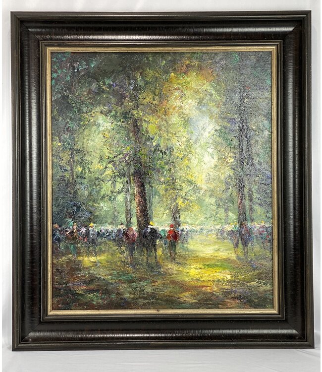 Cayen Collection Oil Painting of people in sunlit forest - Black Frame