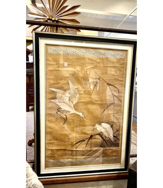 White Birds on Pond Vintage Painting on Paper - Black Frame