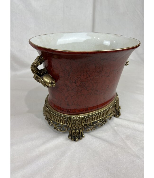 Cayen Collection Burgundy Porcelain  Cachepot w Pomegranate Antiqued Brass handles and Base - 12WX9L