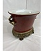 Cayen Collection Burgundy Porcelain  Cachepot w Pomegranate Antiqued Brass handles and Base - 12WX9L