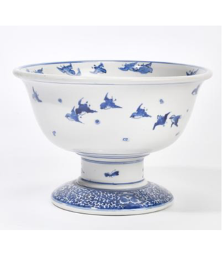 Cayen Collection Vintage Blue and White Chinese Porcelain Pedestal Bowl with flying Birds
